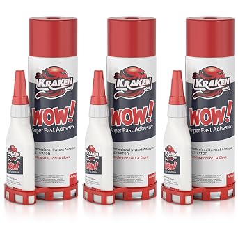 Kraken Bond Wow! CA Glue 3 x 4.4oz. with Activator 2 x 16.9fl.oz.- Super Crazy Wood, Cyanoacrylate Glue for Woodworking | 3 Pack