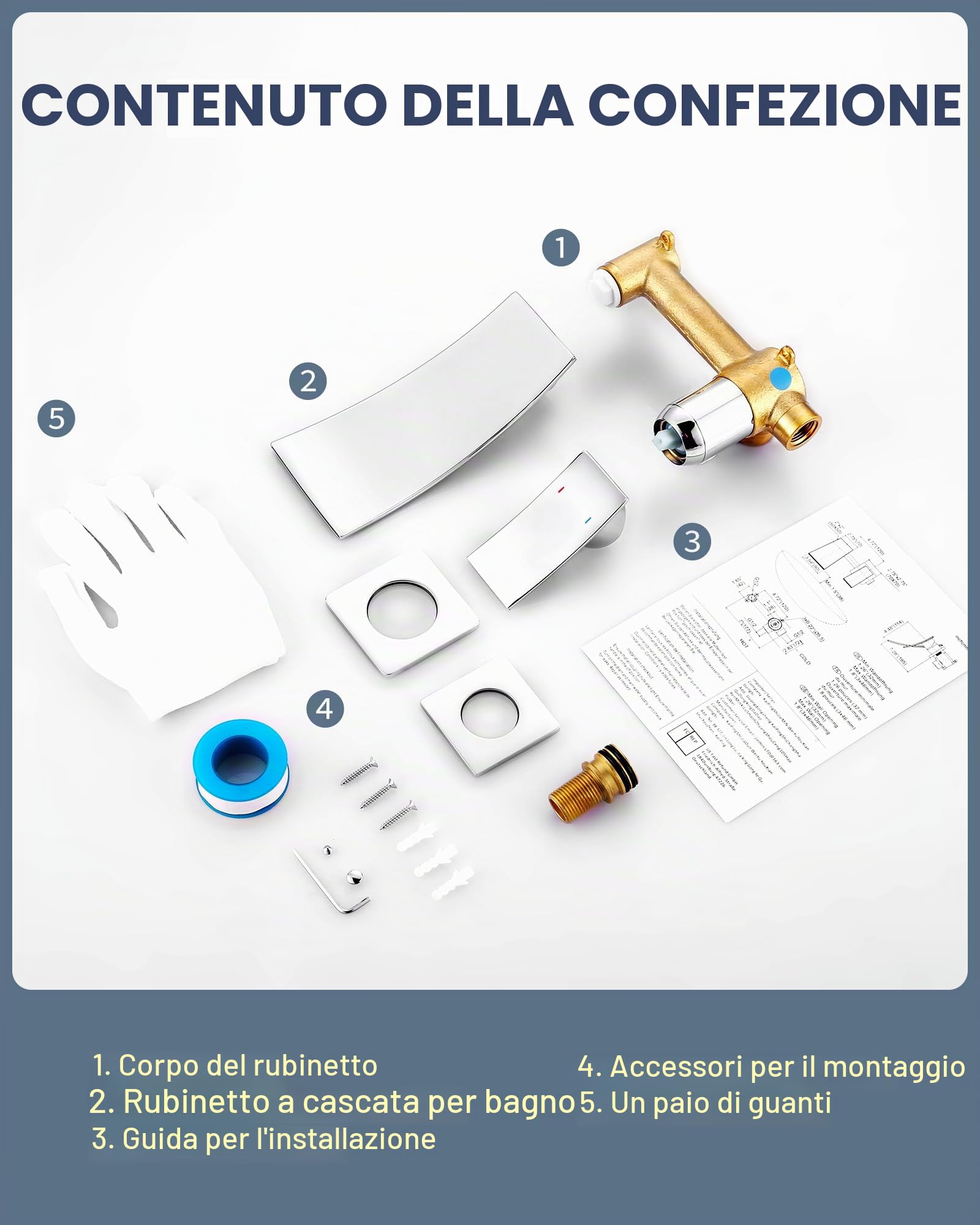 Rubinetto da bagno a cascata: rubinetto da incasso per montaggio a parete – Rubinetto a parete a 2 fori con manico semplice e beccuccio grande, miscelatore per bagno, cromato