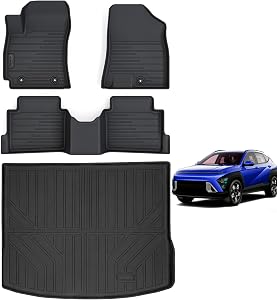 Floor Mats for Hyundai KONA 2024 2025 2026 Gas (Non Electric Model) & Trunk Mat,TPE All Weather Protection 1st & 2nd Row Car Floor Liners Front & Cargo Liners Accessories-Black