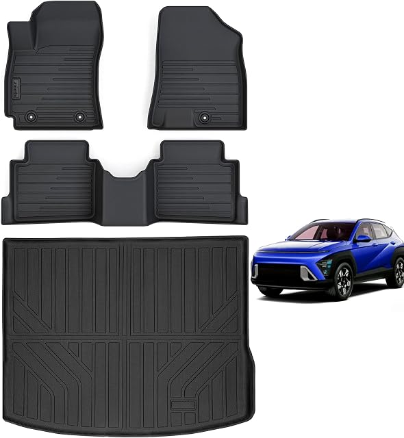 Floor Mats for Hyundai KONA 2024 2025 2026 Gas (Non Electric Model) & Trunk Mat,TPE All Weather Protection 1st & 2nd Row Car Floor Liners Front & Cargo Liners Accessories-Black