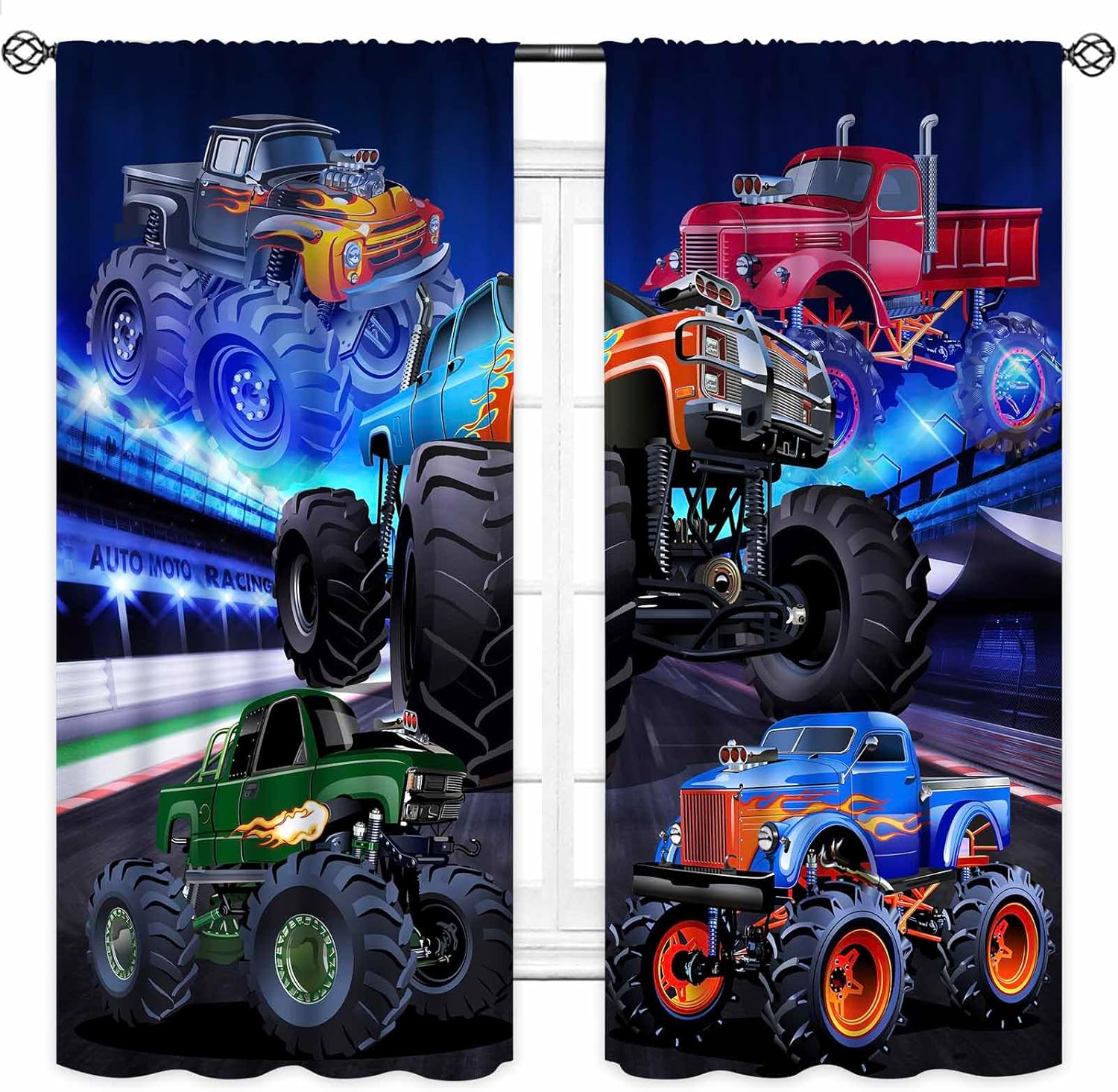 Racing Car Curtains,Cartoon 3D Fleet Racing Car Stadium Game Cool Monster Truck Window Treatments for Teen Boy Kids Bedroom Living Room Playroom Drapes2 Panels,63X63 Inch