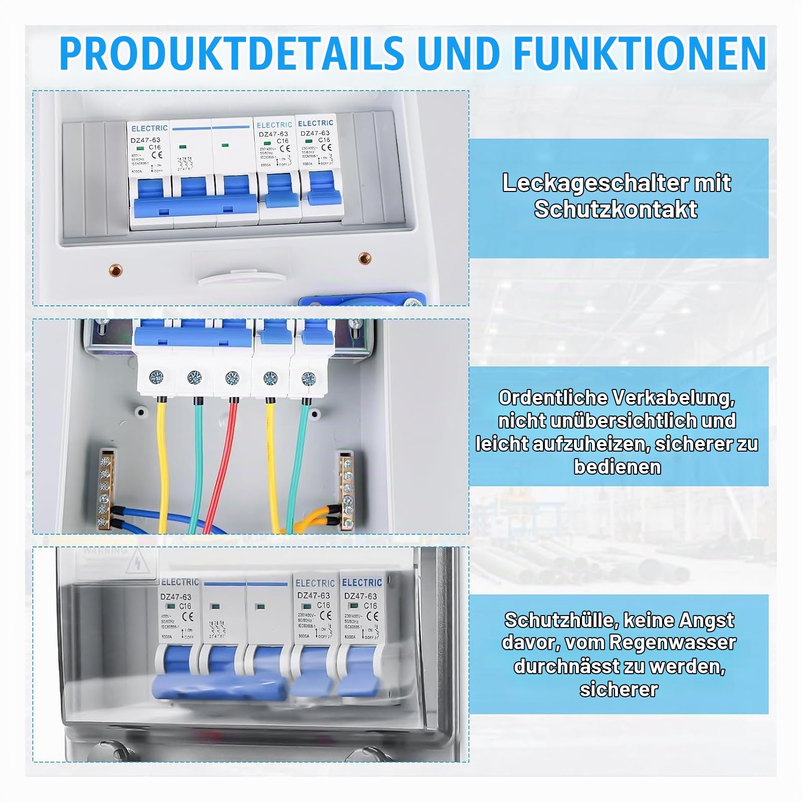 Verteilerkasten Baustromverteiler Wandverteiler mit Leitungsschutzschalter 2x Schuko & CEE 16A Steckdosen, Wasserdicht Stromverteiler komplett verdrahtet für Innen/Außen, Holzwand/Zementwand