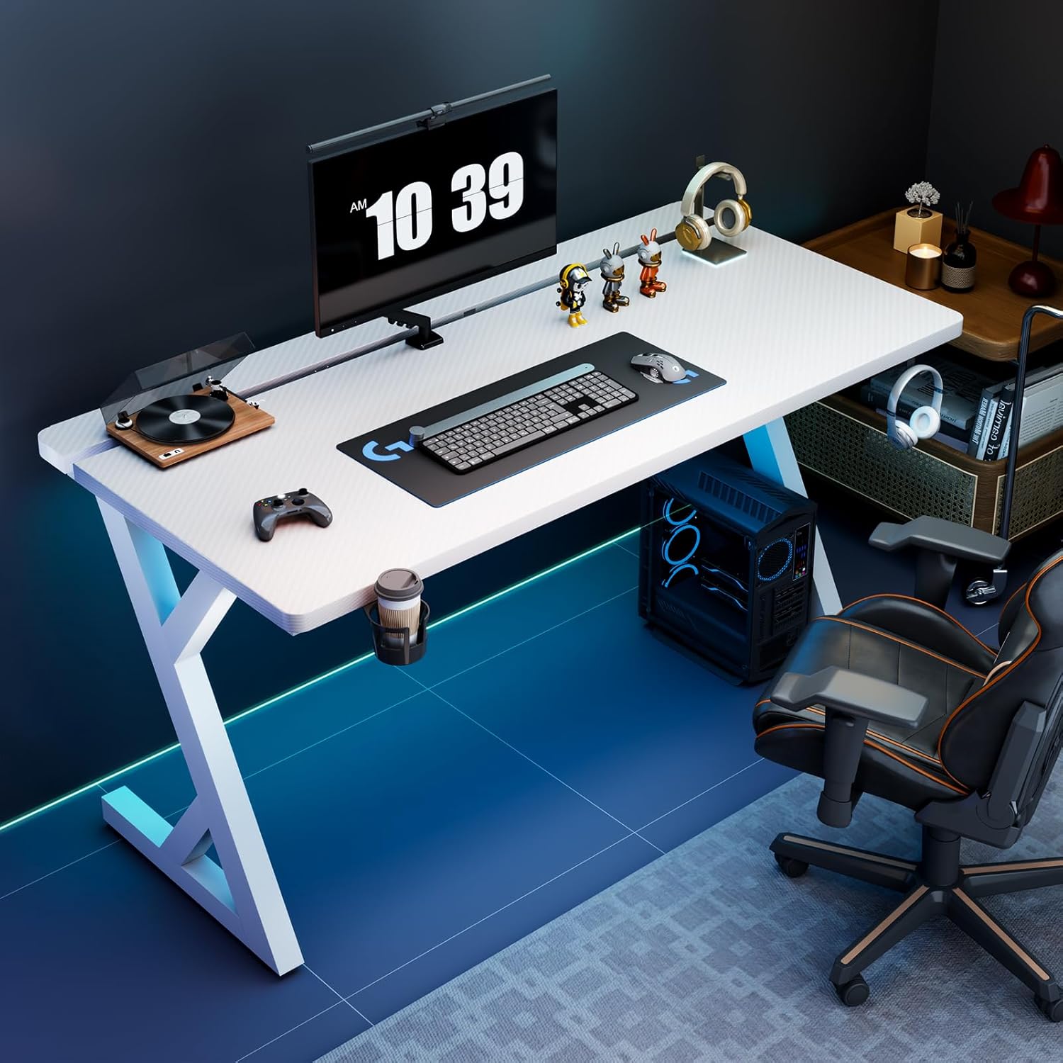 Gaming Desk Z-Frame, Carbon Fiber Pattern Computer Table for Home Office, White Metal Frame with Cup Holder, Large Surface for Gaming Setup (White, 47.24")