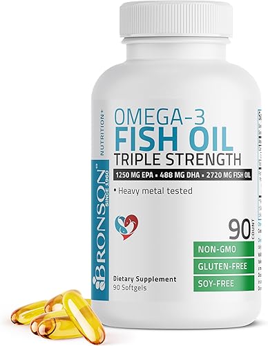 Bronson Aceite de pescado Omega 3 Triple Strength 2720 mg, alto EPA 1250 mg DHA 488 mg, probado en metales pesados sin OMG, 90 cápsulas blandas