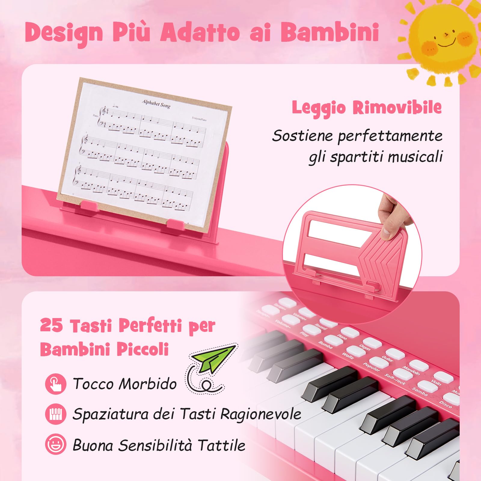 COSTWAY Pianoforte Digitale Bambini a 25 Tasti con Luci, Pianola Elettrica con 6 Toni, 15 Demo e 8 Percussioni, Set Tastiera Musicale con Sgabello e Leggio Rimovibile, per Bambini 3+ Anni (Rosa)