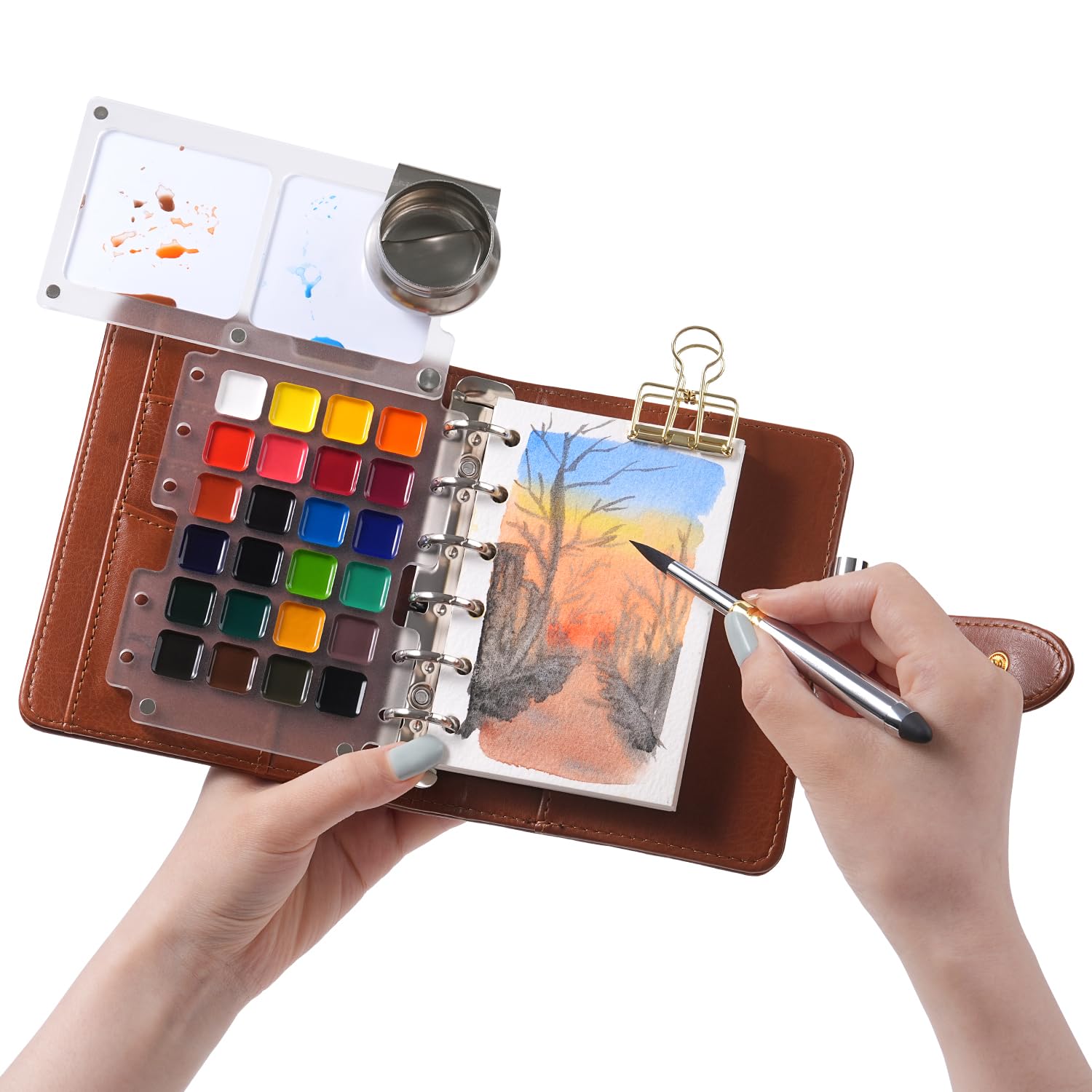 Fuumuui Travel Watercolour Paint Set 24 Colors, PU Leather Watercolour Sketchbook Set - 20 Sheets Cotton Watercolour Paper, Dual-Tip Travel Brush, Dipper Palette Cup for Artists Painters Students