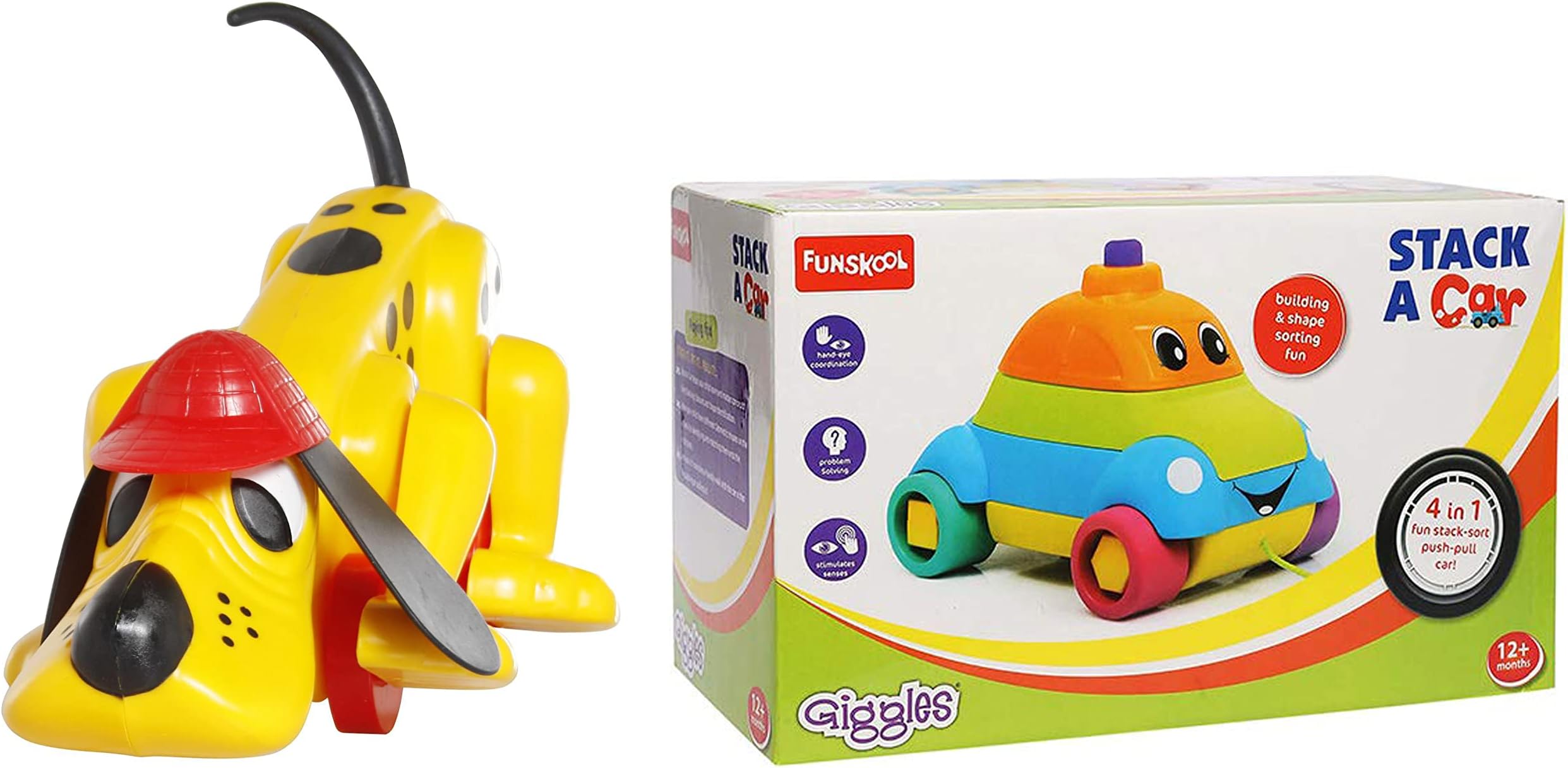 Giggles Funskool Digger The Dog, Encourages Walking,Funny Walking Style, Infant and Plastic Preschool Toys & Stack A Car, 4 in 1 Pull Along Toy, Walking, Shape Sorting, Infant and Preschool Toys
