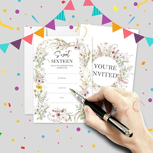 Miniatura 3 de AEHIE Tarjetas de invitación de flores silvestres para cumpleaños número 16 con sobres, 20 unidades, multicolor