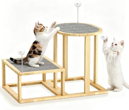 Pawaboo 2-Level Cat Tree Tower, Kitten Scratcher Wooden Kitties Hammock Staircase, Natural Wooden Scratcher Beds with Cat Teasers & Hanging Ball