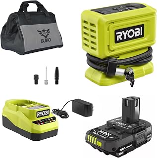 Buho Cordless Inflator Accessory Bundle - 18 Volt High Pressure Inflator 2.0 Ah Battery 18V Charger Tool Bag for Tires and Inflatables