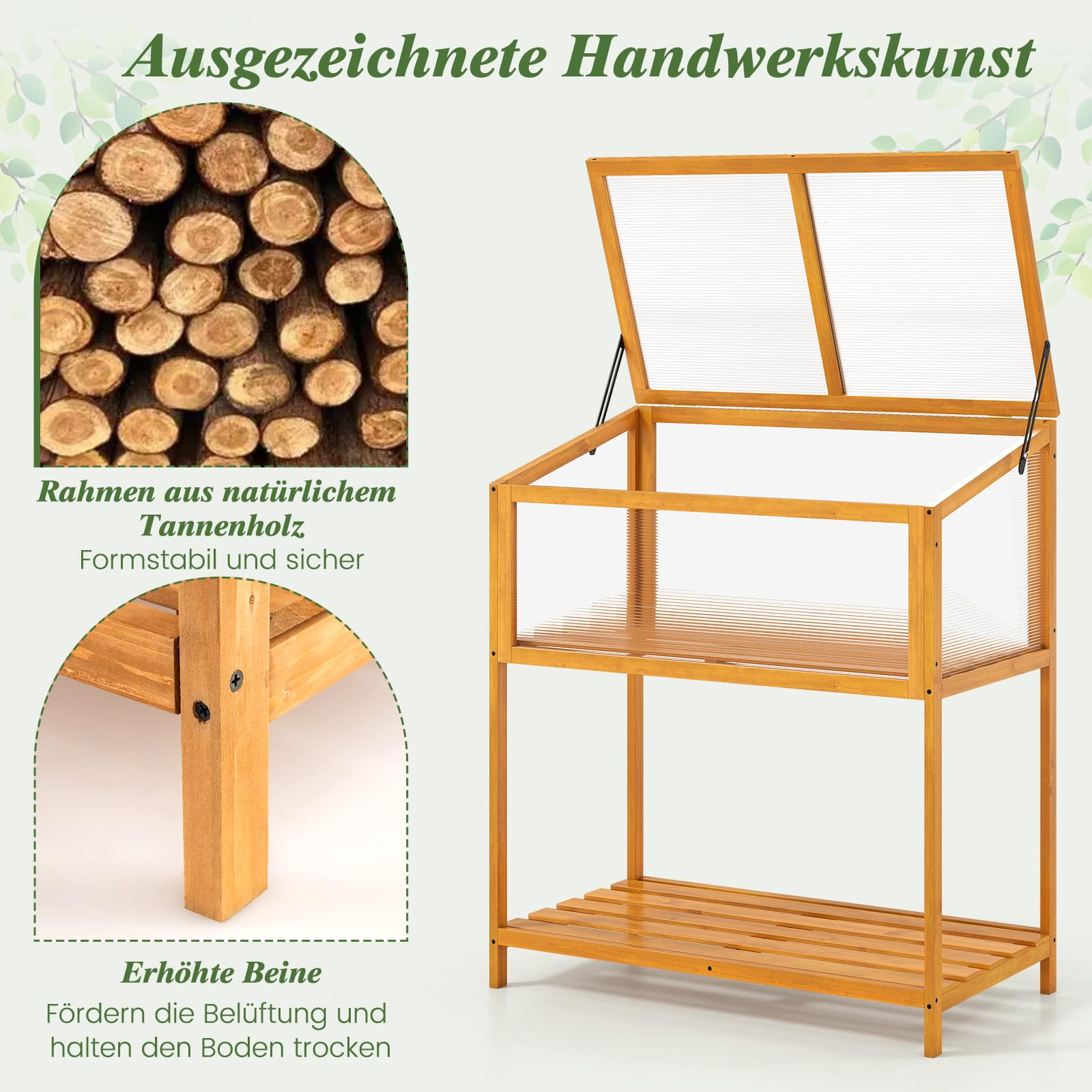COSTWAY Drewniana nakładka na inspekt, z pokrywą i półką, odporna na warunki atmosferyczne, szklarnia do ogrodu, ogrodu zimowego i na balkon, 90 x 50,5 x 105 cm