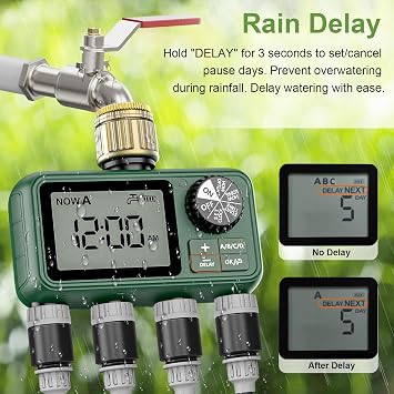 Water Timer 4 Outlets with Brass Inlet, Programmable Sprinkler Hose Waterproof Timer, Automatic prinkler Timers with Rain Delay/Manual Watering/large LCD display for Irrigation Lawn Yard