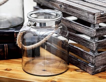DECENT GLASS Elegant Clear Glass Lantern with Jute Handle - Med (Clear, Med)