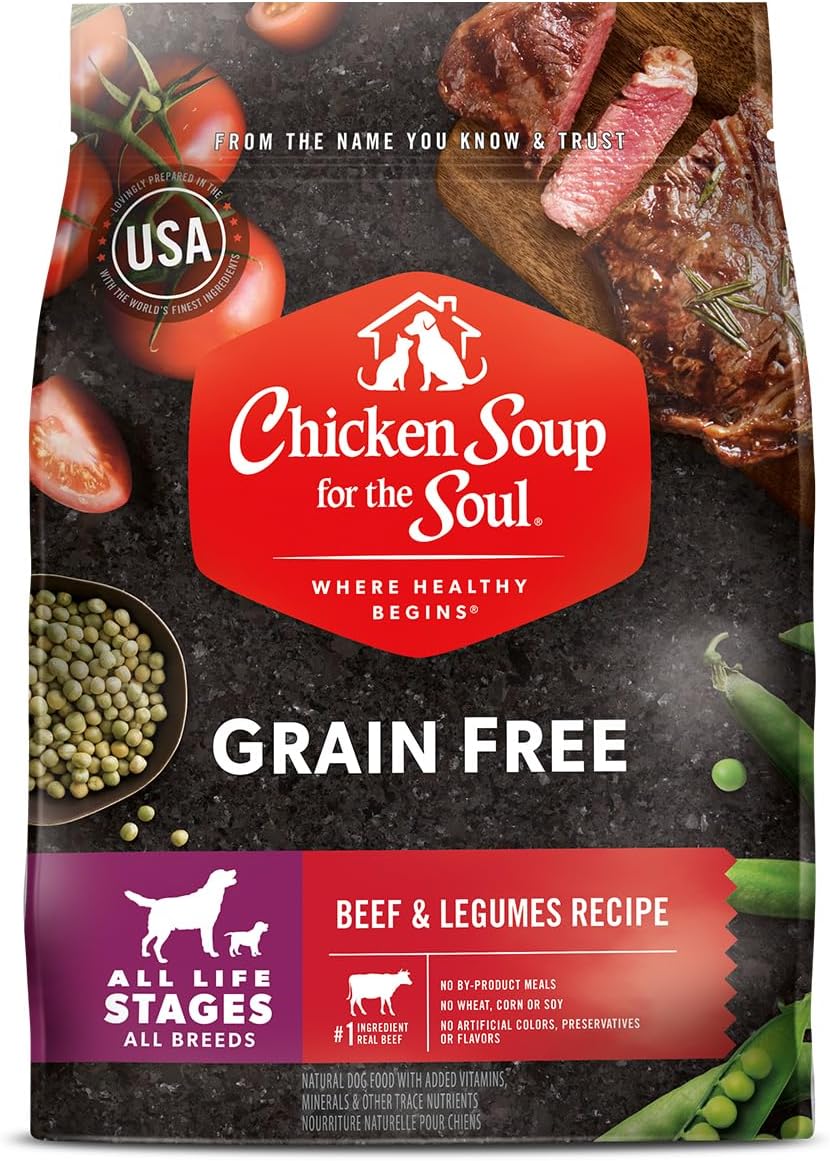 Chicken Soup for the Soul All Natural Premium Grain-Free All Life Stage Dry Dog Food, Real Meat First Ingredient, No By-Products, Added Taurine Supports Heart Health, Beef & Legumes, 22lb
