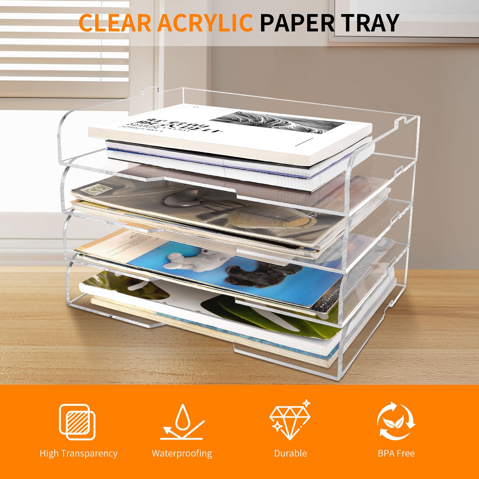 Paquete de 4 bandejas de papel apilables para cartas, revistero acrílico transparente y organizador de archivos, elegante organizador de escritorio para oficina en casa, estantería o espacio de