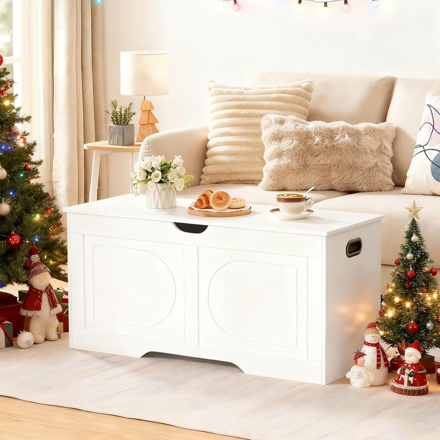MAHANCRIS Storage Chest, 39.4” Toy Box, Entryway Storage Trunk, Shoe Bench with Storage, Engineered Wood Storage Cabinet with 2 Safety Hinges, Entrance Bench for Living Room, White SCWT2001