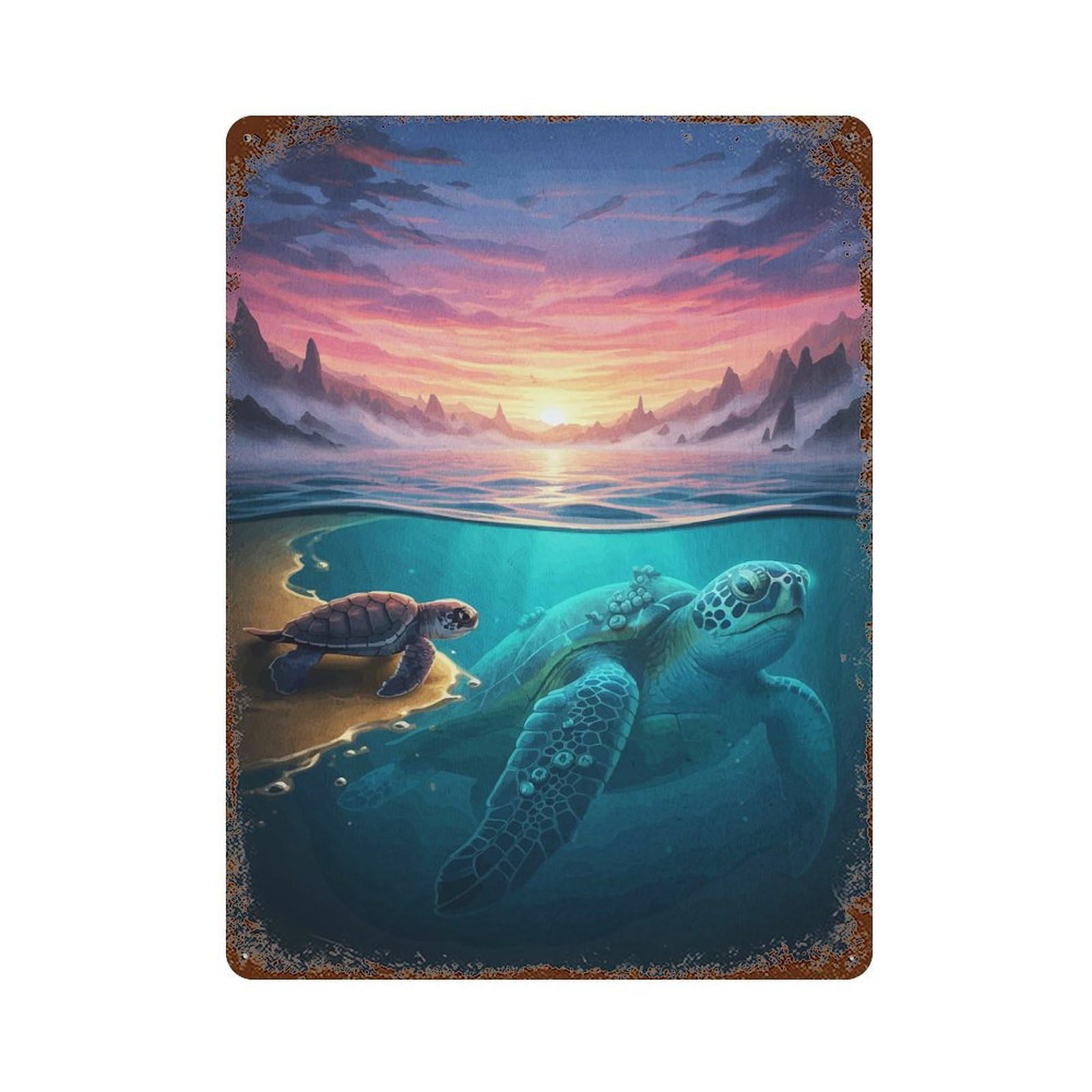 Sea Turtles Sunset Retro Metal Sign 15.7"x11.8", for Pub, Kitchen And Man Cave Decor, Industrial Home Decor