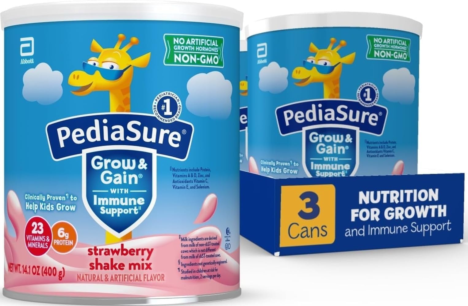 Grow & Gain Shake Mix, 6g Protein, Strawberry, 14.1 oz Can, 3pk | 28 Servings, Great-Tasting Nutritional Shake Mix with Immune Support for Kids, 23 Vitamins & Minerals, Non-GMO & Gluten-Free