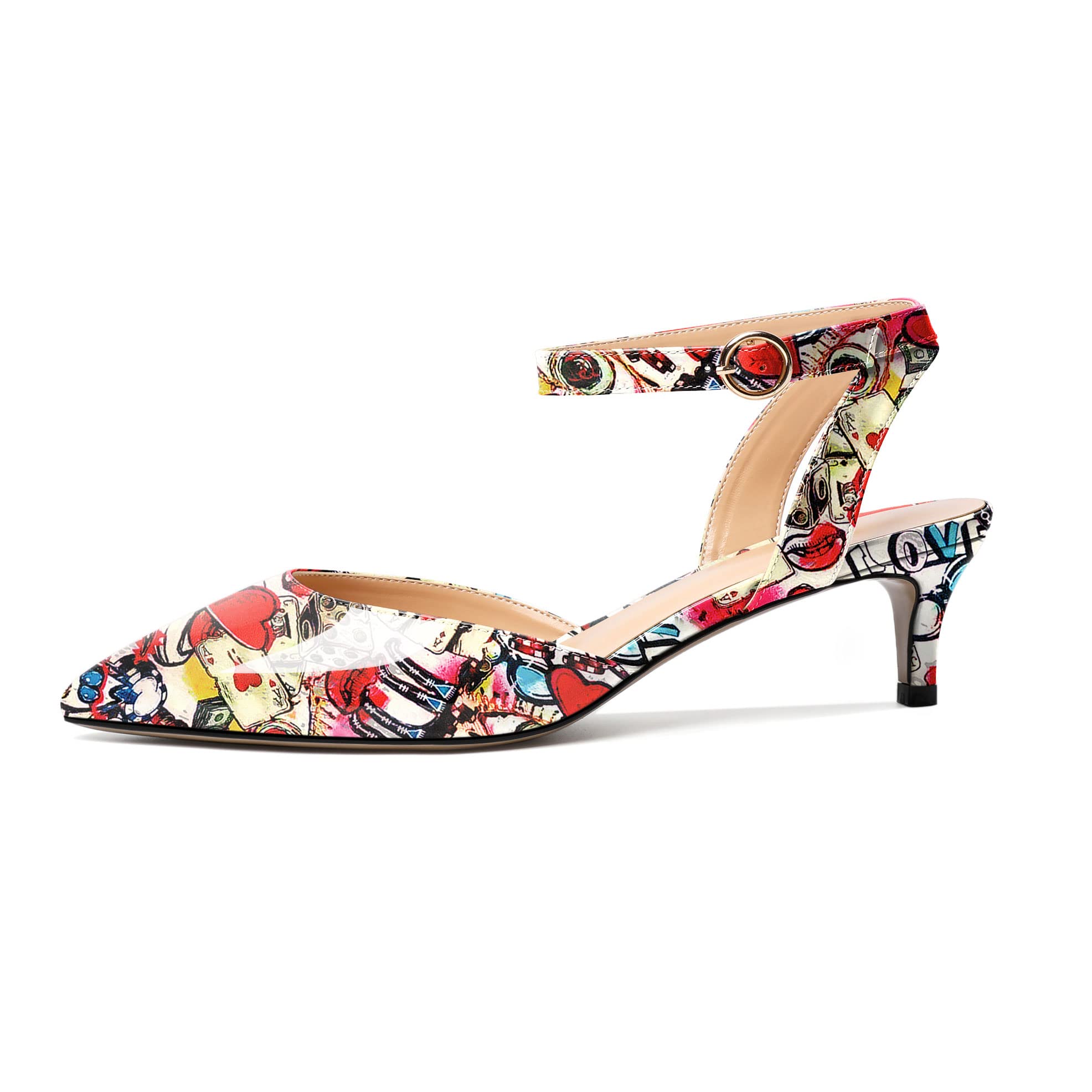 Eldof Women's Low Kitten Heel Sandals Pointed Toe Heels Ankle Strap Heeled Dressy Shoes for Summer Casual Office Wedding Event 1.4 Inches