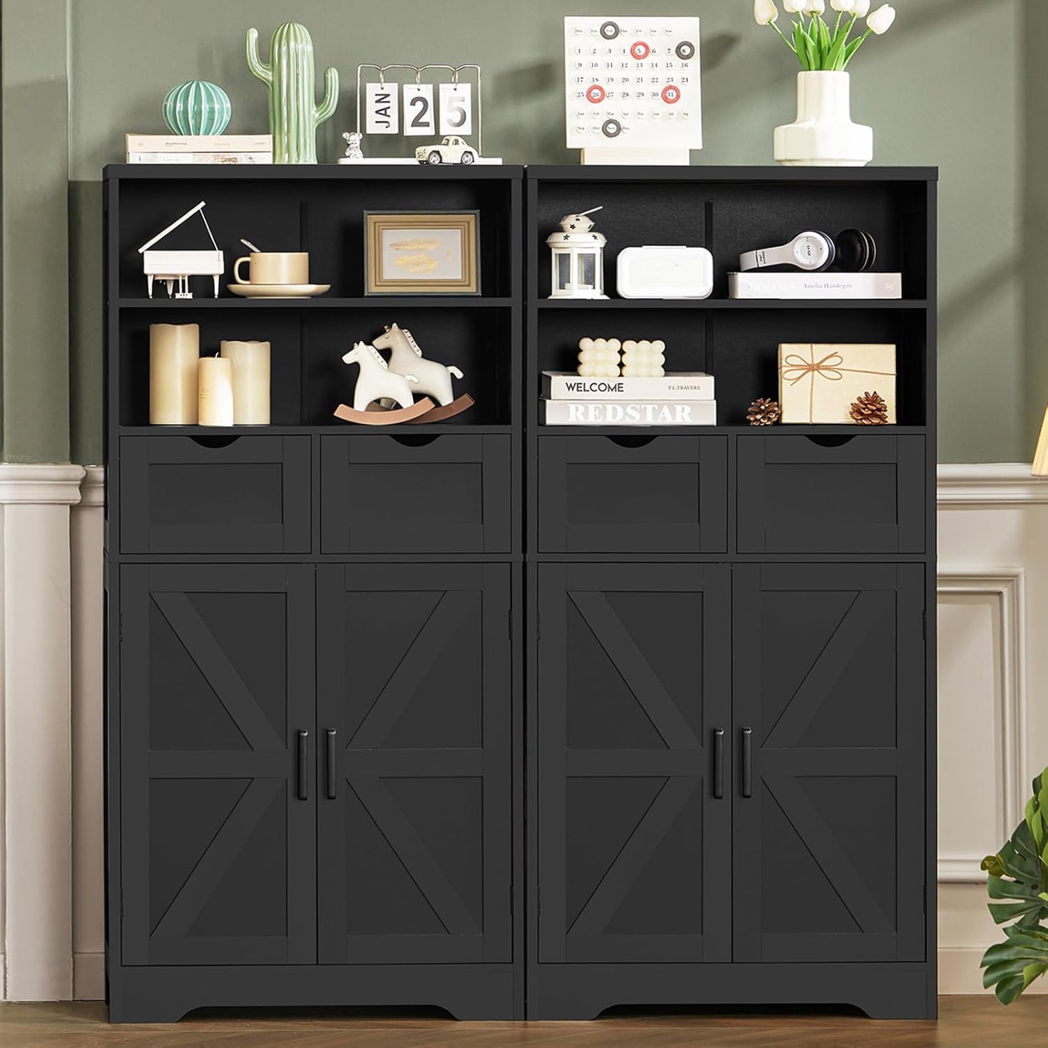 Close-up image of the cabinet doors with handles and hinges installed.