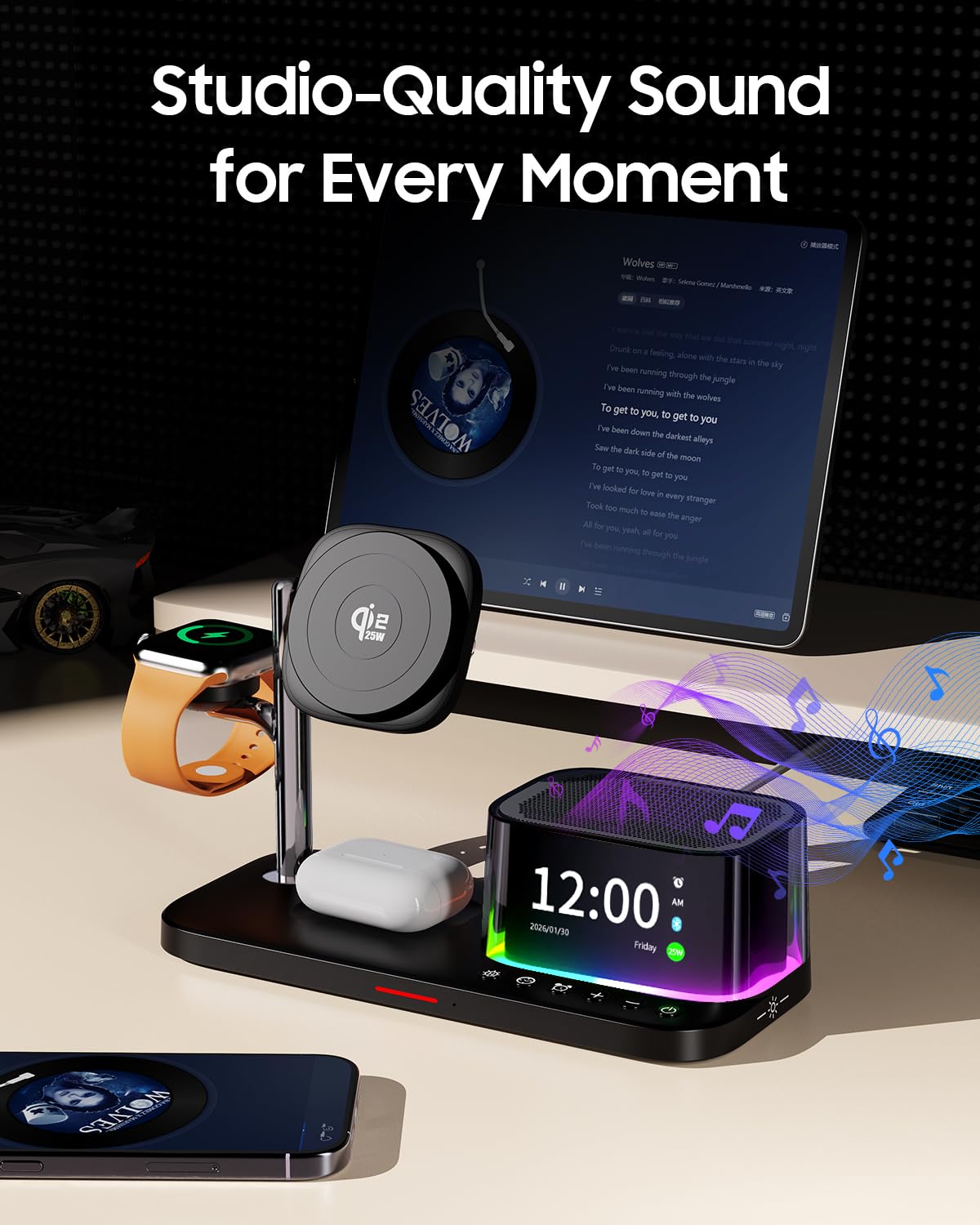Caricabatterie wireless 7 in 1, altoparlante Bluetooth con sveglia, ricarica rapida per cellulari da 25W, luce d'atmosfera, compatibile con iPhone 17 16 15 Pro Max, auricolari, Samsung e Apple Watch