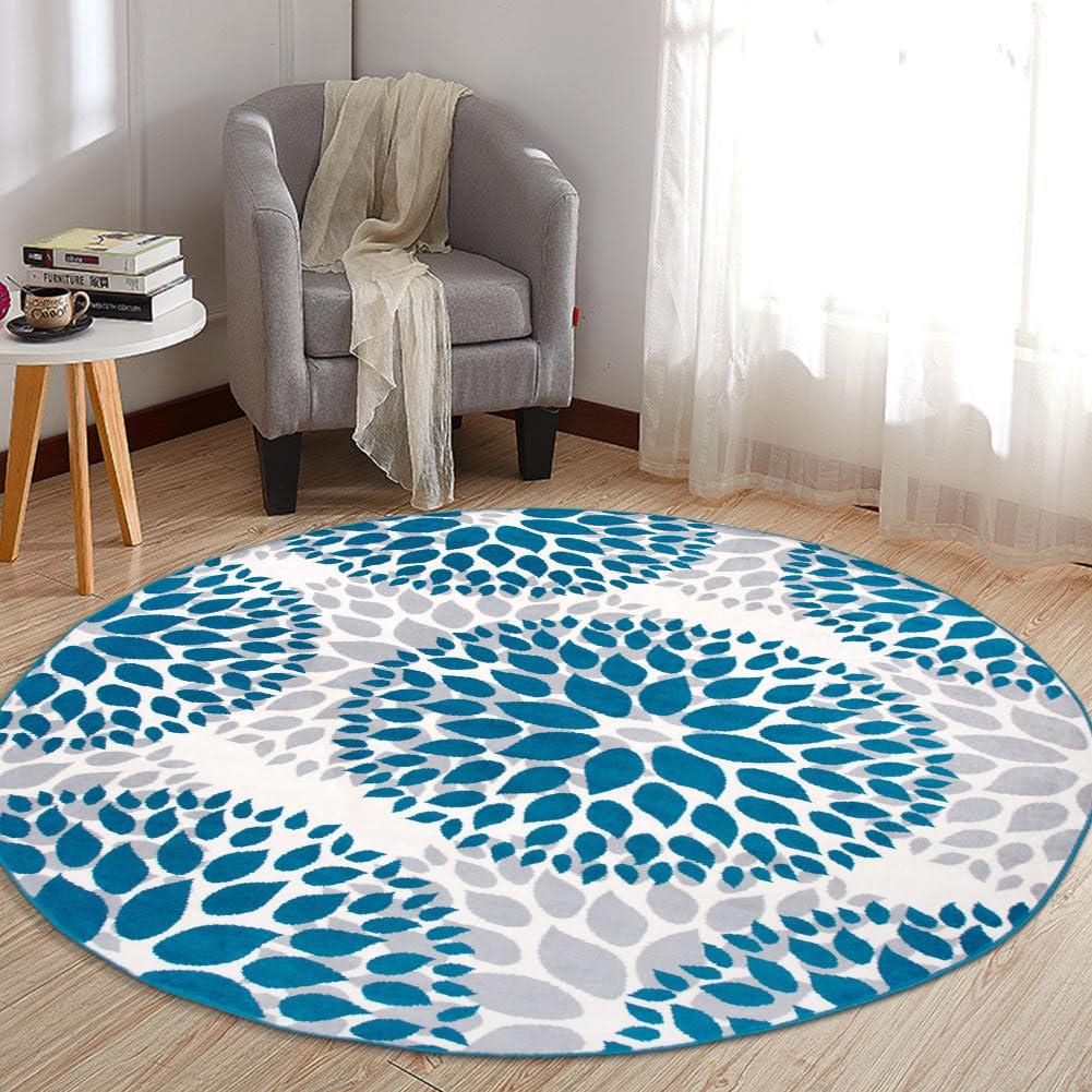 Rugshop Modern Blue Floral Circles Design Area Rug – Elegant Non-Shedding, 6'6" Round for Living Room, Bedroom, Dining Room, Kitchen