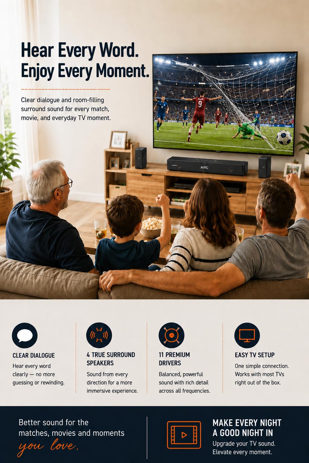 Drewniane soundbary 5.1.2, 4 głośniki surround, moc szczytowa 400 W, system dźwięku przestrzennego głośnika telewizyjnego, soundbar do Smart TV z subwooferem, głęboki bas, system kina domowego ARC/OPT