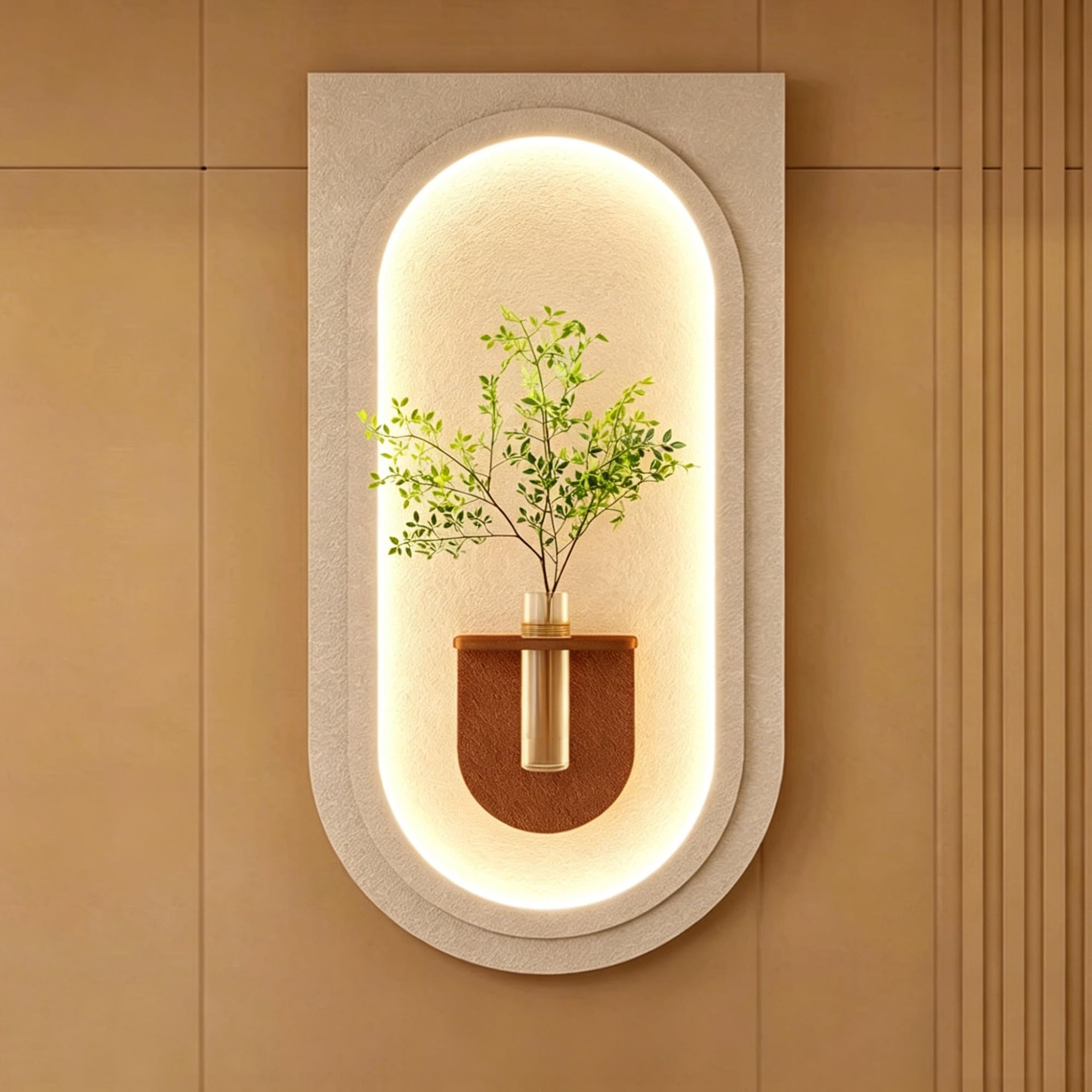 OEPCHEFACX 3D Sandstone Wall Art with LED Lights, Plug-in Ambient Wall Decor with Glass Vase Artificial Plants, Modern Textured Mural for Entryway Living Room Bedroom(A1,120 * 60cm/47.2 * 24in)