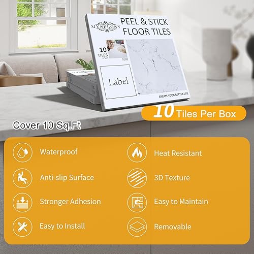 Miniatura 8 de Azulejos autoadhesivos de vinilo impermeable para despegar y pegar, 12 x 12 pulgadas, color cian chapoteo de piedra para cocina, baños y dormitorio,