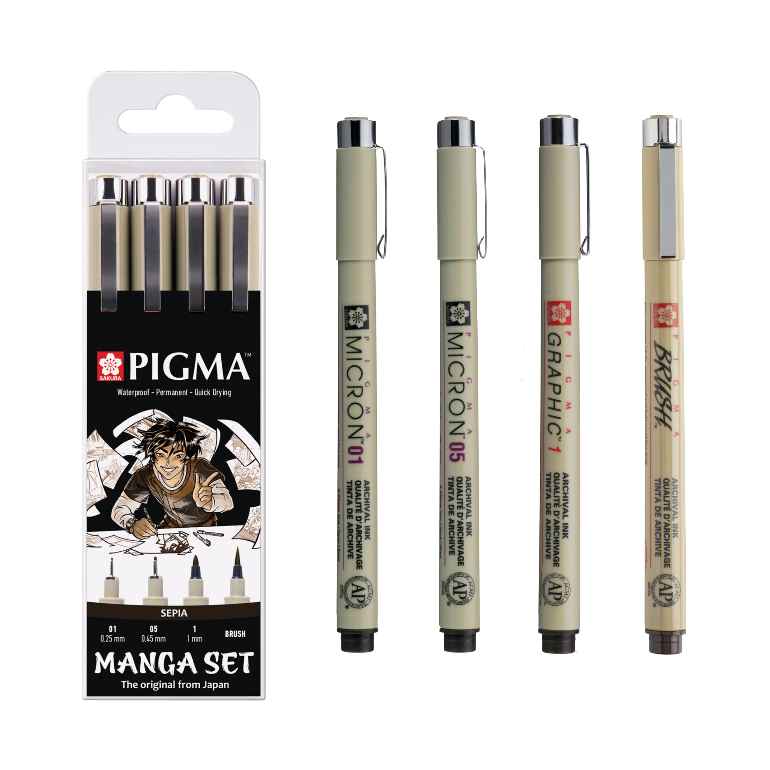 Pigma Manga Set of 4 in Sepia | Waterproof, Permanent Ink, Assorted Sizes | Pens for Cartoons & Illustrations