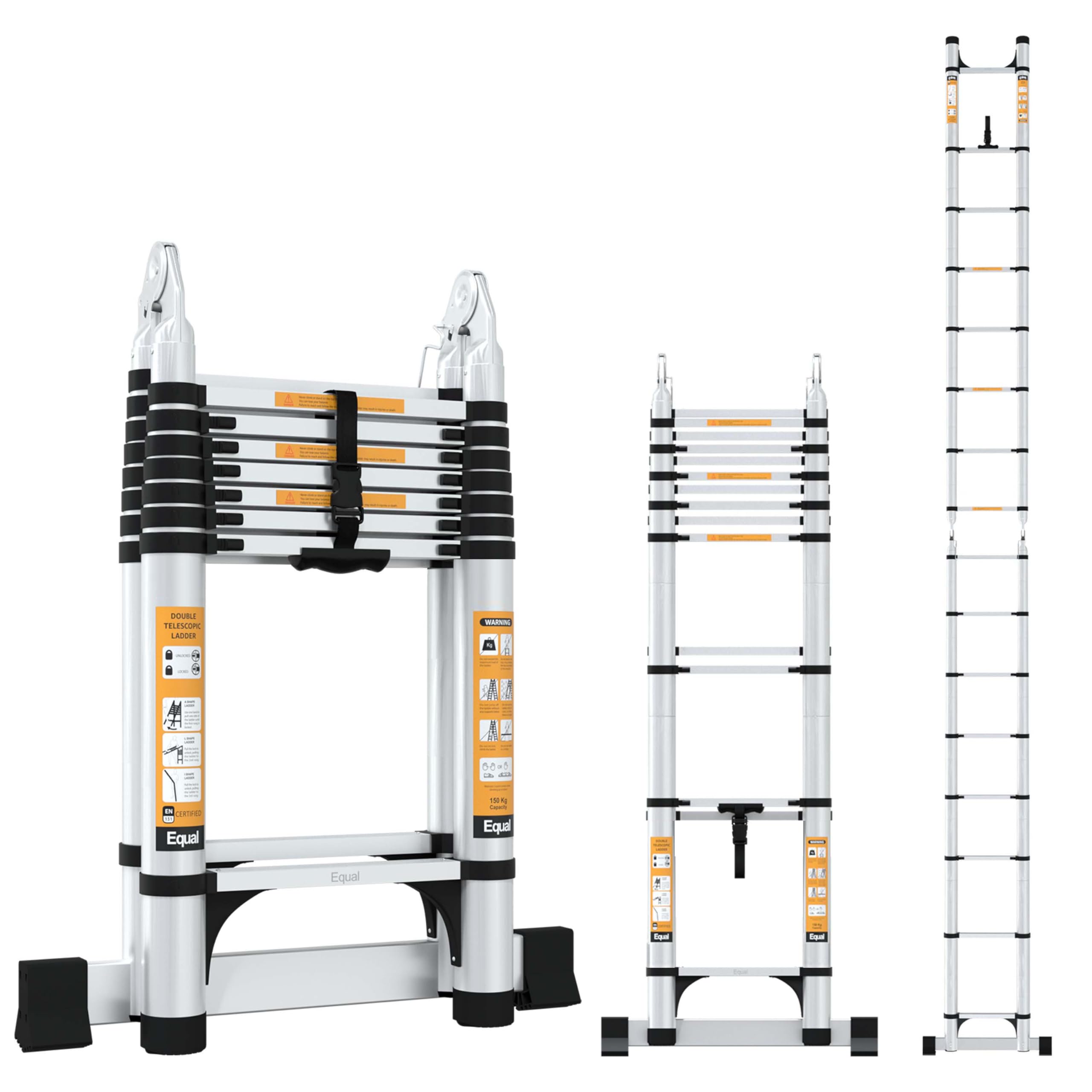 Equal 22 FT A-Type Foldable Aluminium Telescopic Ladder | A-Frame + Extension | 2 Triangle Stabilizers | EN131 Certified | 2-Year Warranty | Heavy-Duty Industrial & Commercial Use (6.6m / 10+10 Steps)