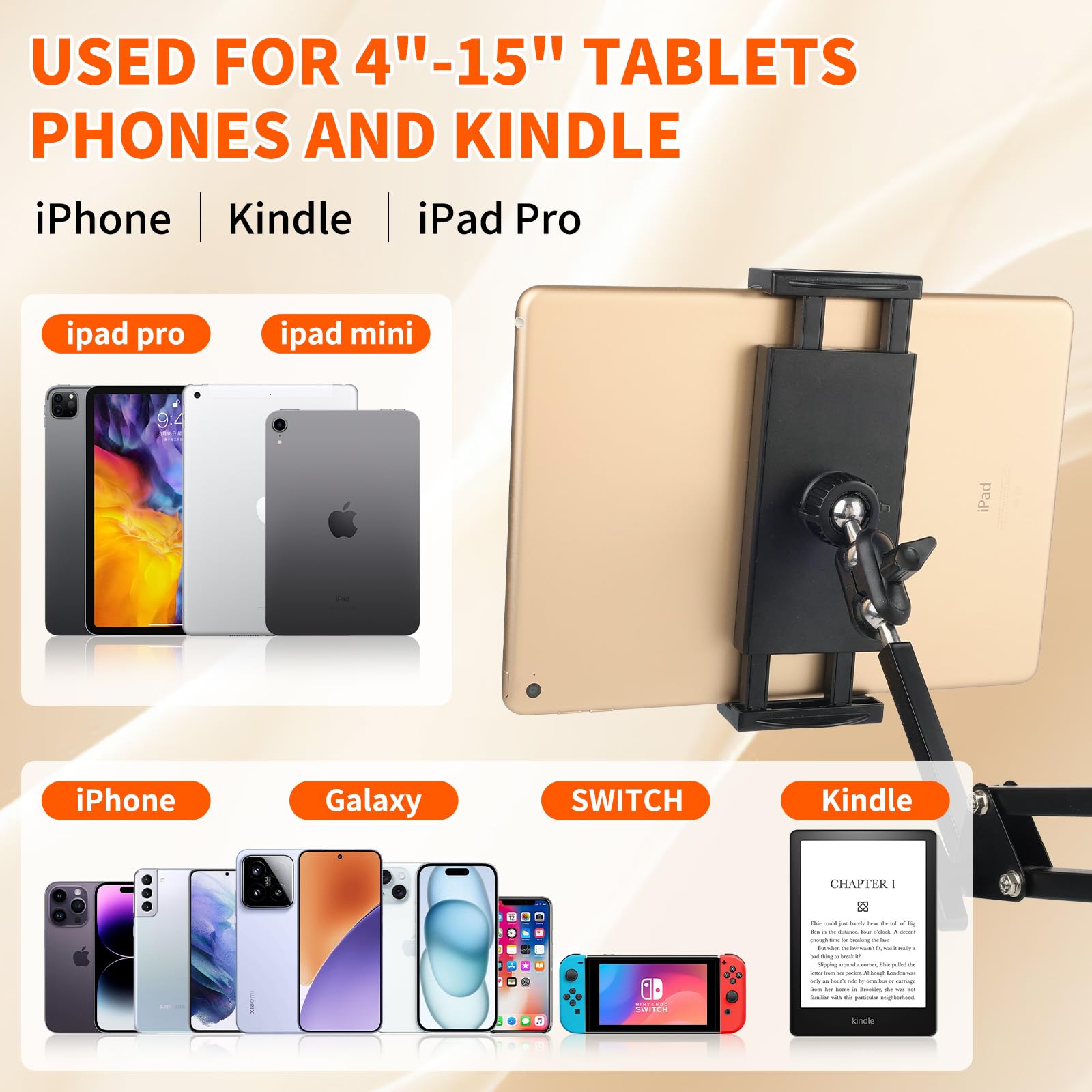 Supporto per tablet senza mano, per letto e divano, con braccio lungo regolabile, pieghevole, in metallo per Kindle, tablet, iPad e cellulare, design nascosto, nessun danno ai mobili (90 cm)