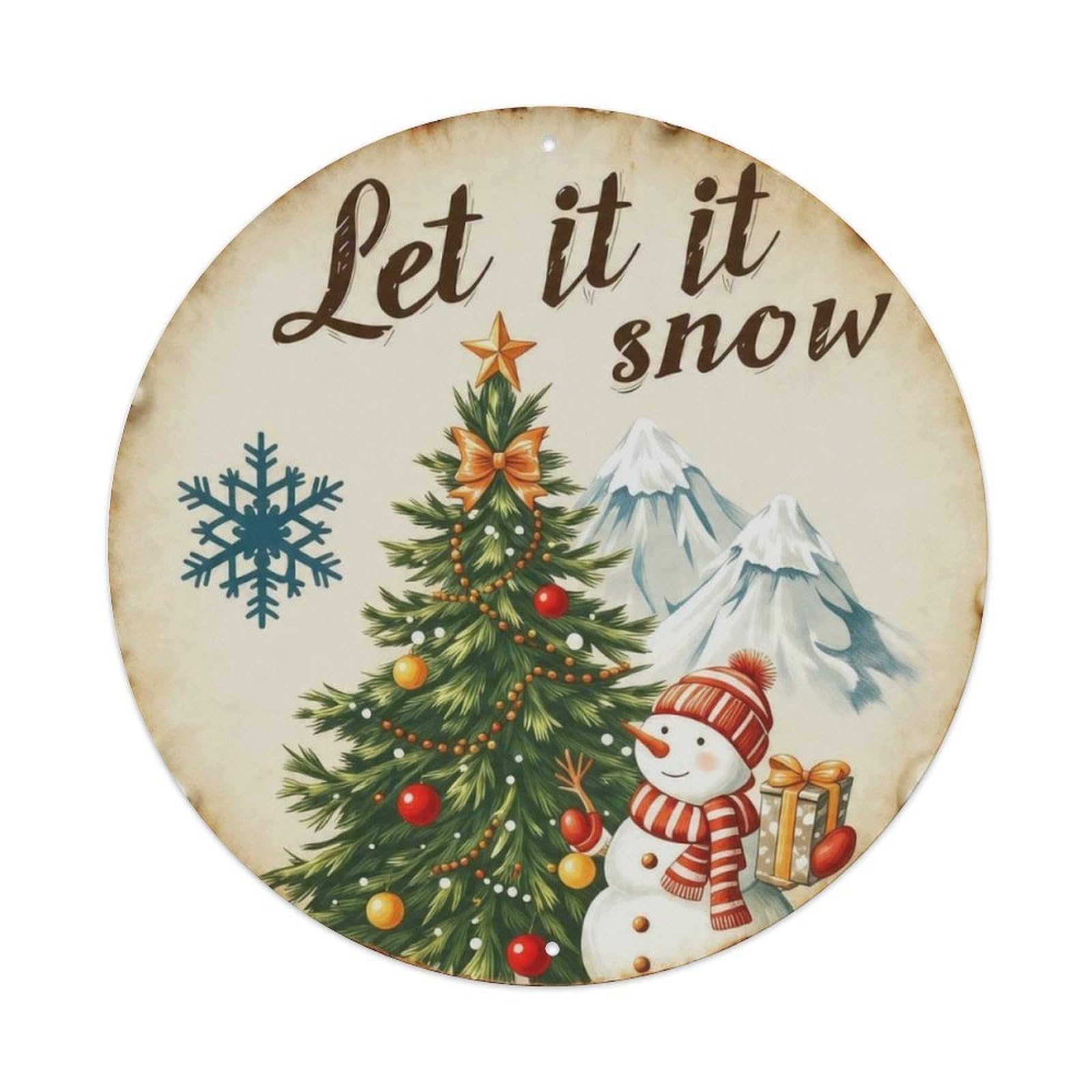 Vintage Christmas Snowman Pine Tree Round Sign Vintage Aluminium Metal Sign, Retro Wall Decor for Home, Bar, Garage & Farmhouse 20x20cm