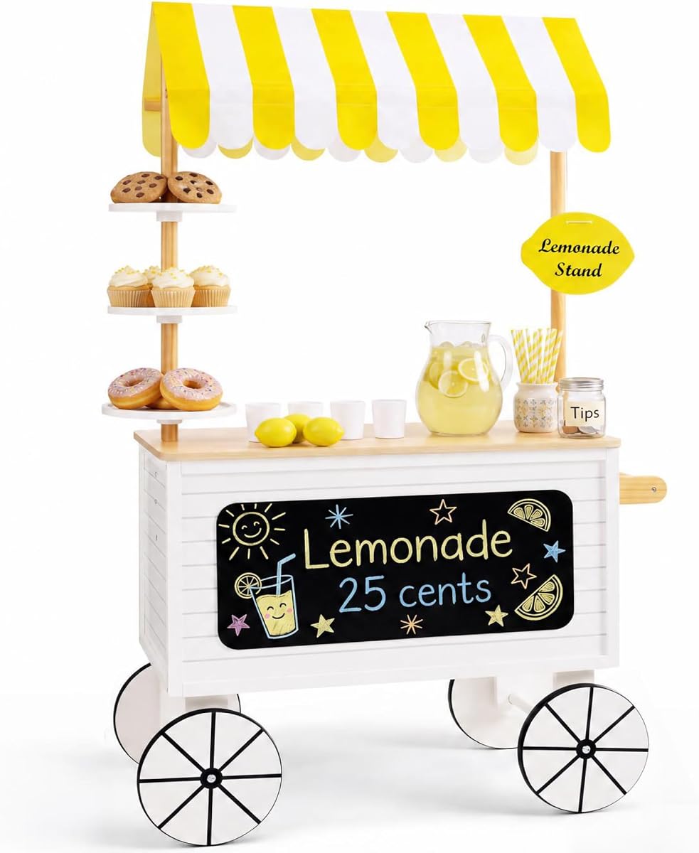 Play Kitchen Outdoor Lemonade Stand for Kids with Canopy, Pretend Play Food Stand Toy, Chalkboard, Rolling Wheels, 8Pcs, Backyard Kitchen Playset for Toddlers Boys Girls