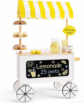 Best Choice Products Play Kitchen Outdoor Lemonade Stand for Kids with Canopy, Pretend Play Food Stand Toy, Chalkboard, Rolling Wheels, 8Pcs , Backyard Kitchen Playset for Toddlers Boys Girls
