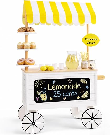 Best Choice Products Play Kitchen Outdoor Lemonade Stand for Kids with Canopy, Pretend Play Food Stand Toy, Chalkboard, Rolling Wheels, 8Pcs , Backyard Kitchen Playset for Toddlers Boys Girls