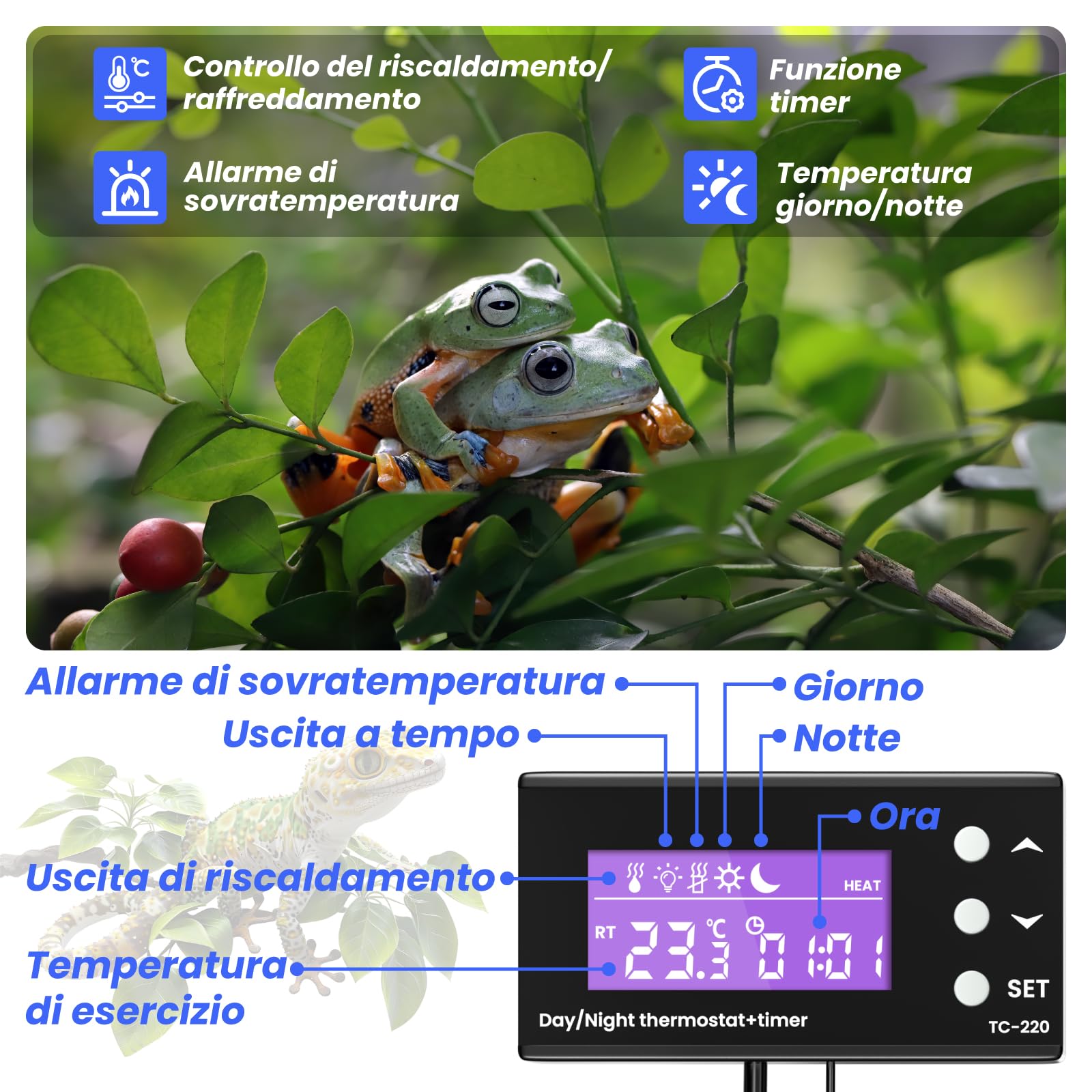 GlowUp Termostato Digitale per Rettili, 220V Presa Termostato Terrario Rettili Digitale Presa con Sonda, Riscaldamento e Raffreddamento con Giorno Notte Timer per Serra, Acquario, Rettili