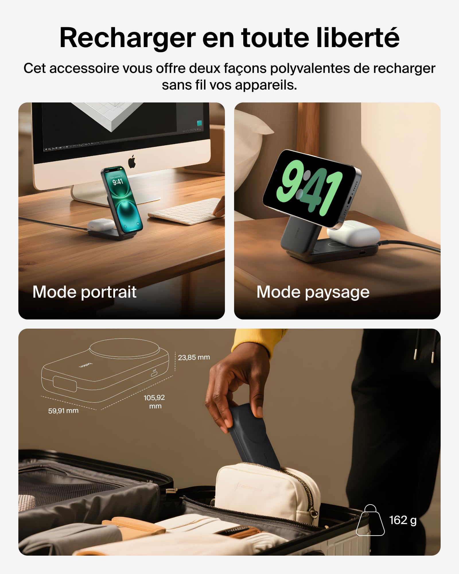Belkin UltraCharge Chargeur Induction Qi2 25W, Station de Charge 2 en 1 pour iPhone 17, iPhone Air, AirPods, Pixelsnap, Compatible avec MagSafe avec Port-USB-C et Adaptateur 45W - Noir