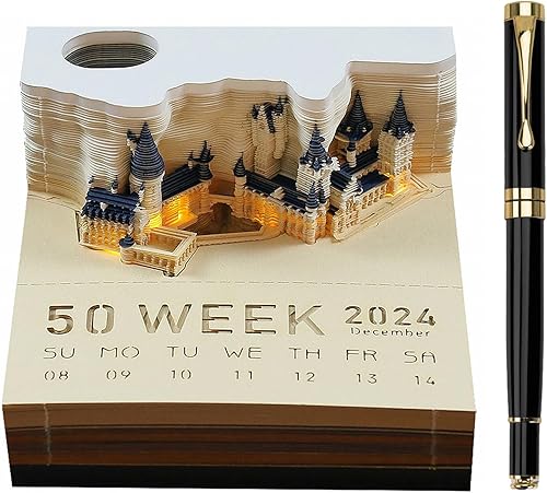 Calendario 3D 2024, calendario de reloj de castillo mágico, calendario de bloc de notas, calendario creativo de escritorio con luz LED y soporte