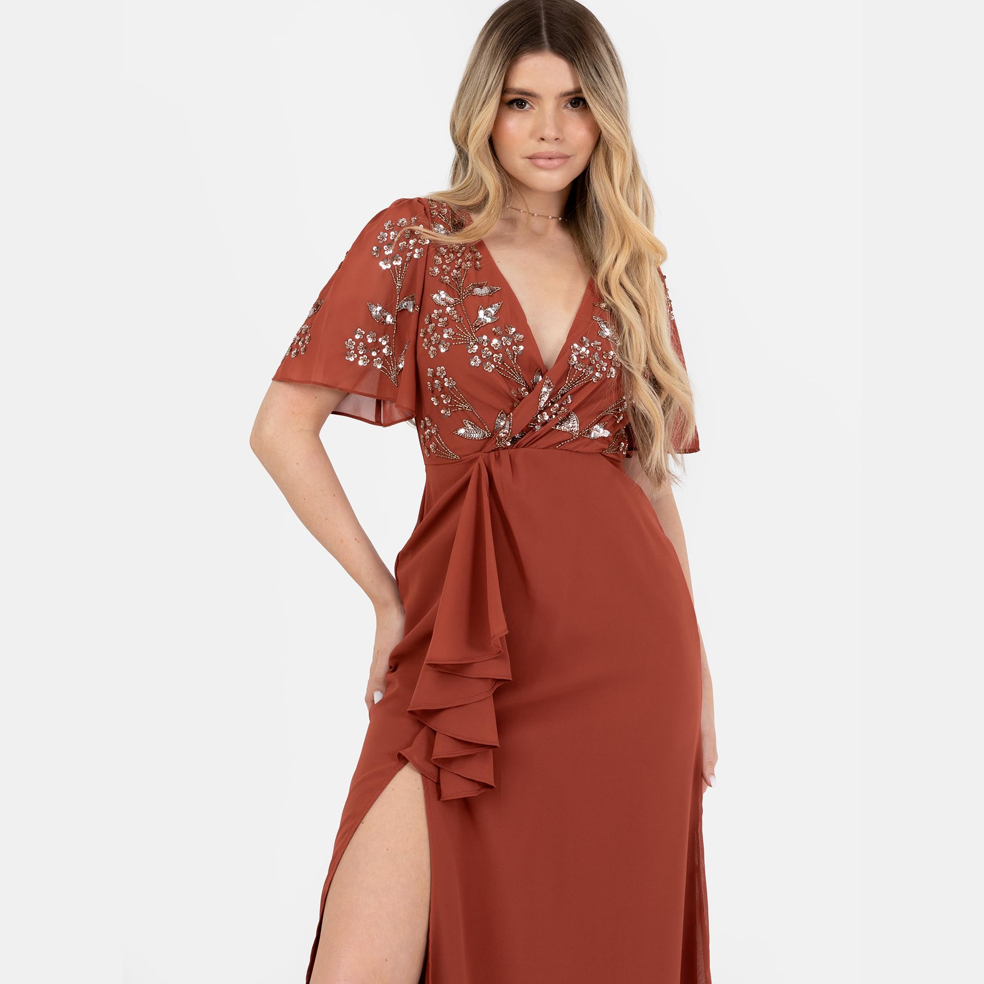 Maya Deluxe Women's Maxi Dress Ladies V-Neck Short Angel Sleeve Lentejuelas Embellished Ruffles Side Split A-Line Evening Ball Gown Mujer
