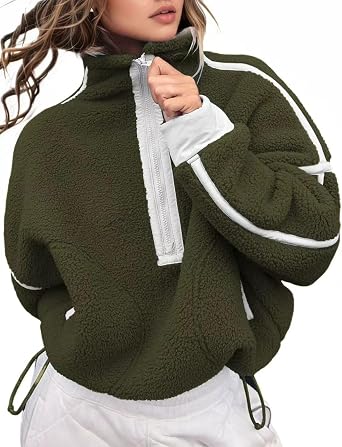 Kumufenc Women's Fleece Sweatshirts Half Zip Pullover Long Sleeve Oversized Workout Crop Tops Hoodie With Pocket