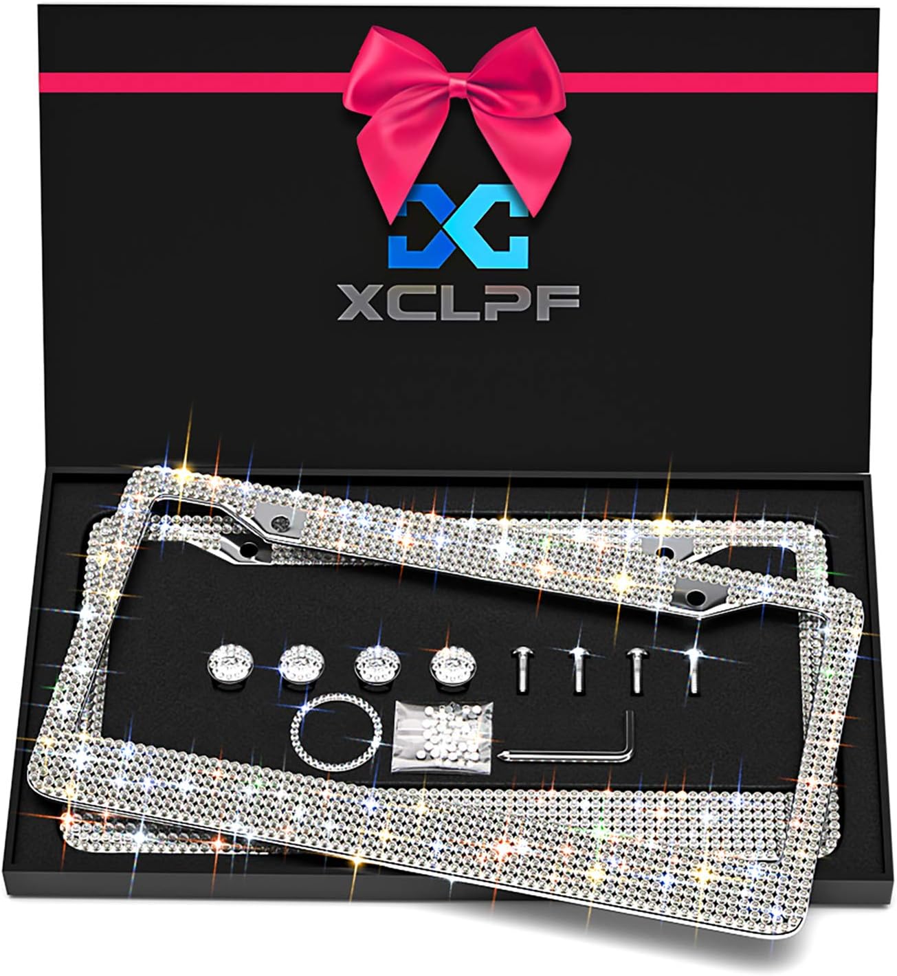 Bling License Plate Frame for Women, Sparkly Stainless Steel License Plate Frames| Over 1200 pcs 14 Facets Bedazzled Clear Glass Diamond Rhinestone Crystals w/Free Glitter Diamond+GiftBox（Red）