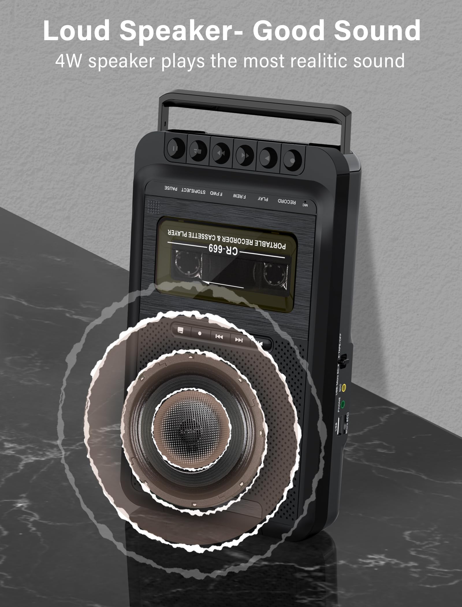 Gracioso Lecteur de cassette, lecteur de cassette portable en musique MP3 via disque U/carte SD ou PC, enregistrement sur cassettes/USB/carte SD via micro, lecteur de cassettes avec prise casque