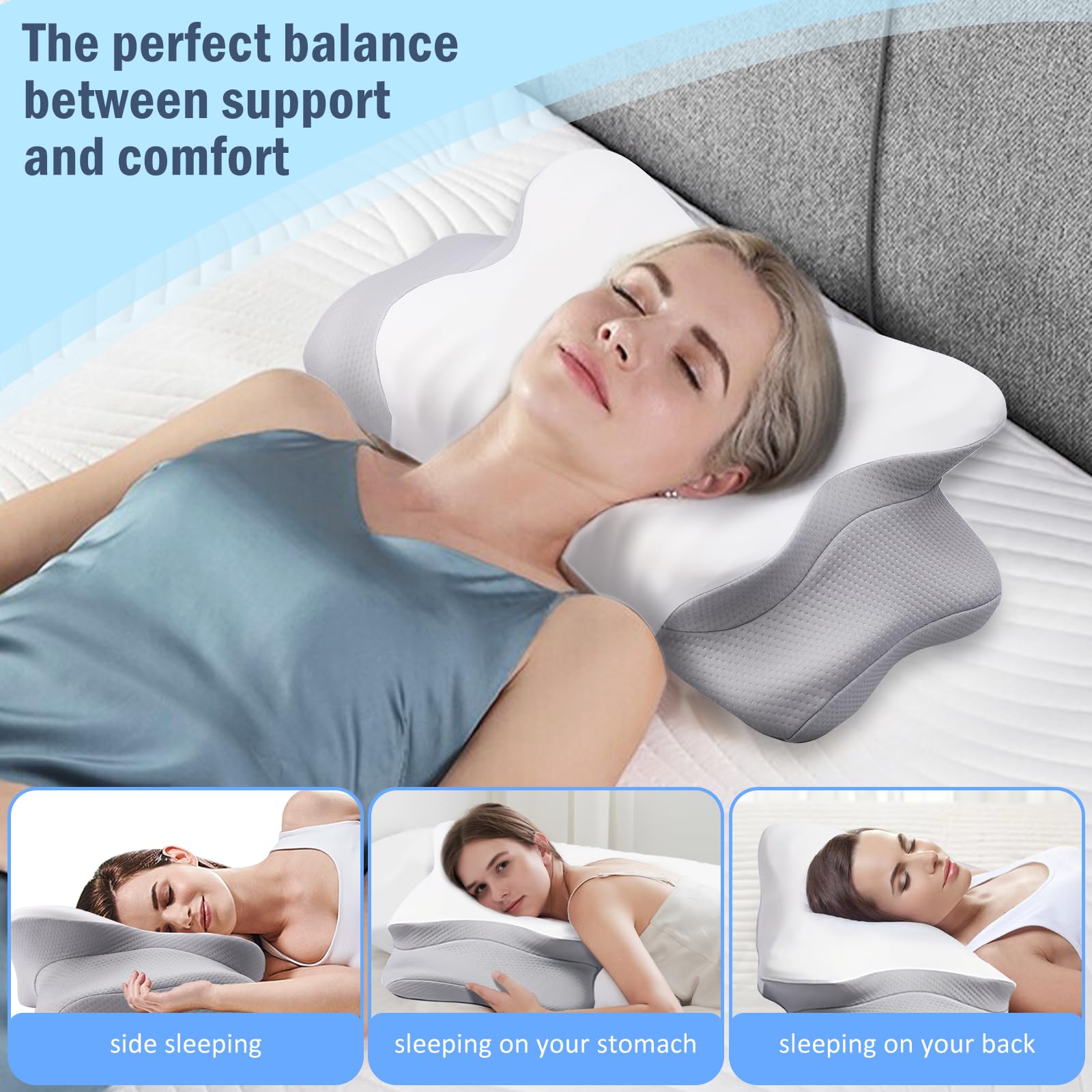 DROMEZ Cuscino Cervicale per Dormire, Cuscino Ortopedico Ergonomico, Memory Foam con Fodera Rimovibile, Dolori al Collo e Spalle, per Dormire di Lato, Supini e a Pancia in Giù, 62x37x9/14 cm