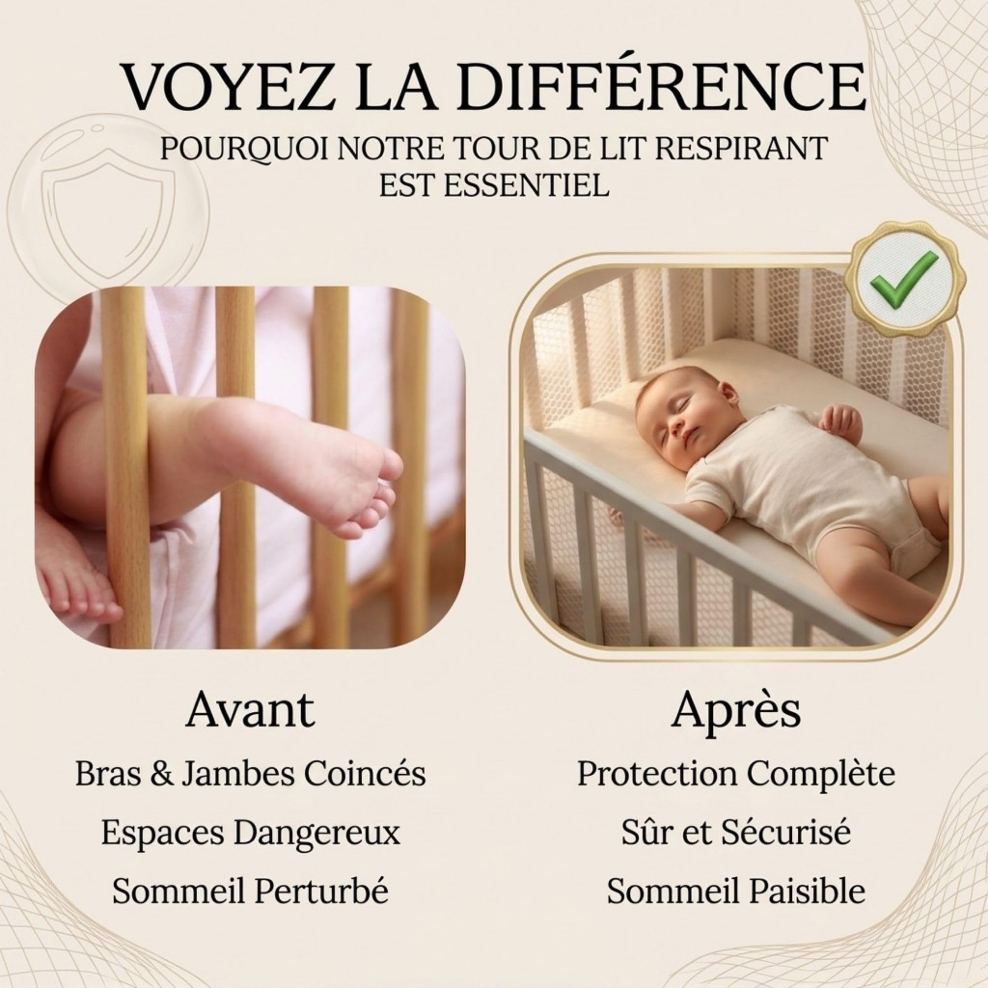Tour de Lit Bébé Certifié OEKO -TEX en Maille 3D Respirante – Tour de Lit Respirant pour Lit Bébé 60x120 cm – Conforme à la Norme de Sécurité NF EN 16780 – Certificat SH025 189908 délivré par TESTEX