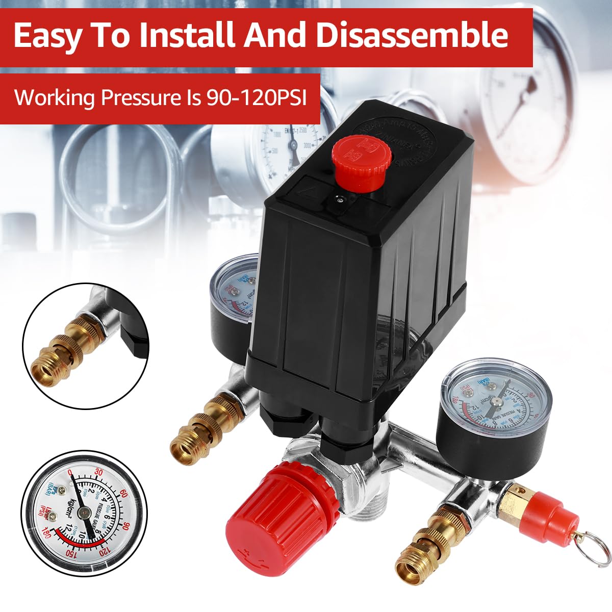 Pressostat de compresseur d'air 90-120PSI Manifold Régulateur Jauge Compresseur Pression Interrupteur Contrôle 220/380V pour Compresseur d'air
