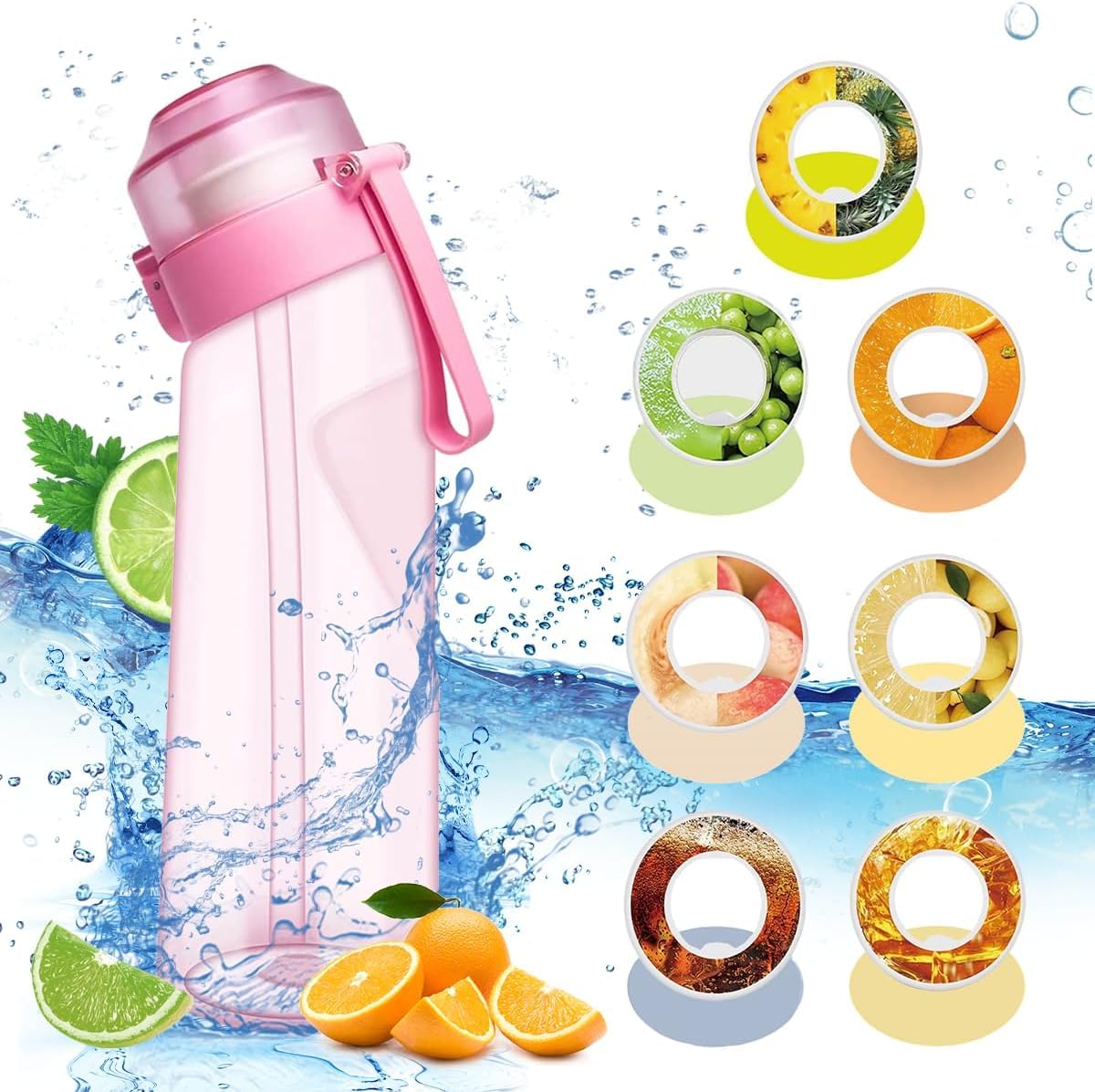 MostNow Sports Air Water Bottle BPA Free Starter up Set Drinking Bottles,650ML Fruit Fragrance Water Bottle,with 1 Radom Flavour pods 0 Sugar 0 Calorie for Gym and Outdoor Gift(Pink)