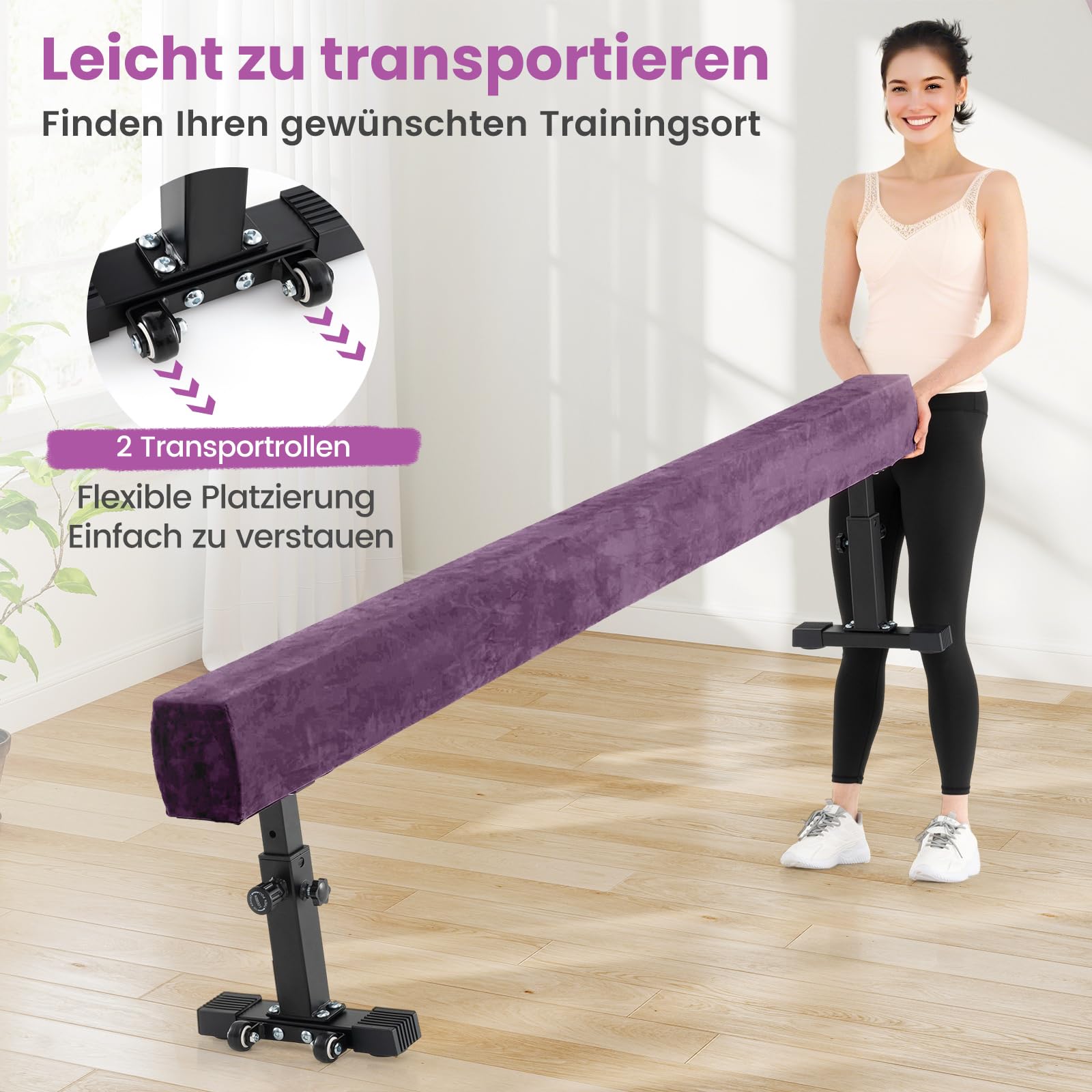 COSTWAY 226 cm Schwebebalken mit 3 Höhen verstellbar, Gymnastikbalken, Heimtrainingsgerät mit robusten Metallbeinen & Rädern, Balancierbalken für Anfänger und Profis (Lila)