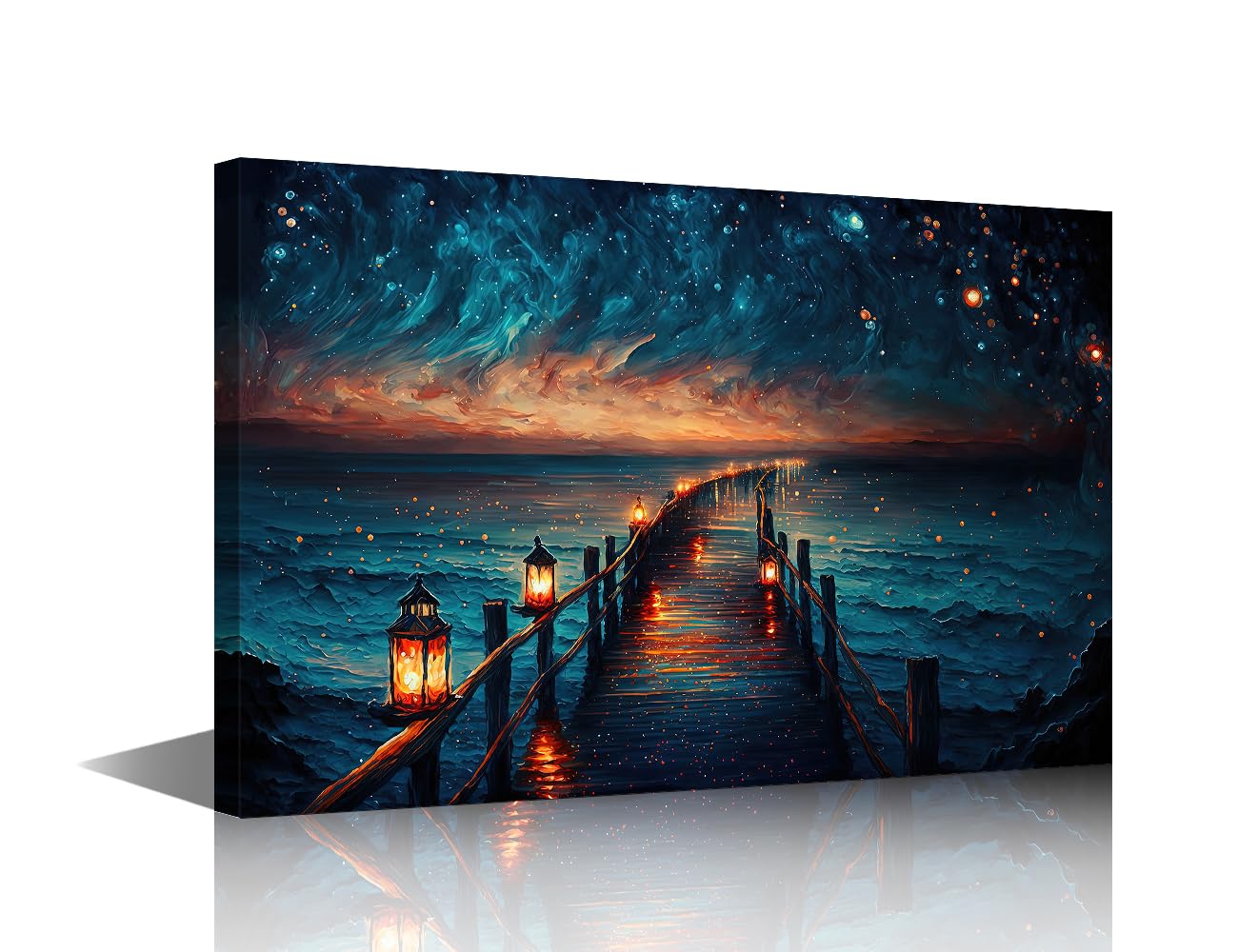 TISHIRON Seascape Wall Art Glitter Glow Starry Sky in Night Oil Painting Style for Living Room Bedroom Wall Decor Canvas Modern Home Decor for Background Wallpaper Prints 16"x24"