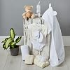 neutral baby gift basket - fleece wrap hooded towel baby clothes 2 muslin cloths and cute brown teddy bear